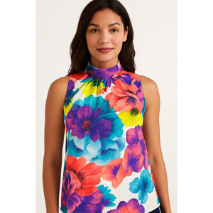 Women's Worthington Multicolor Floral Sleeveless Top XL Mock Neck Bold Artsy Y2K